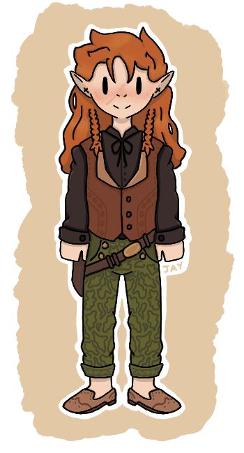 A woman with pointed elf like ears, and long ginger hair with small braids. She is wearing a black button up long sleeved shirt, a leather like smaller button up and green patterned trousers. 