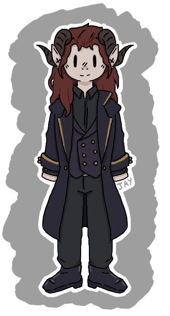 A pale tiefling with ram like horns, he has long red hair that is slick back at the top. He is wearing a dark blue blazer with yellow accents, alongside grey trousers and a button up shirt.