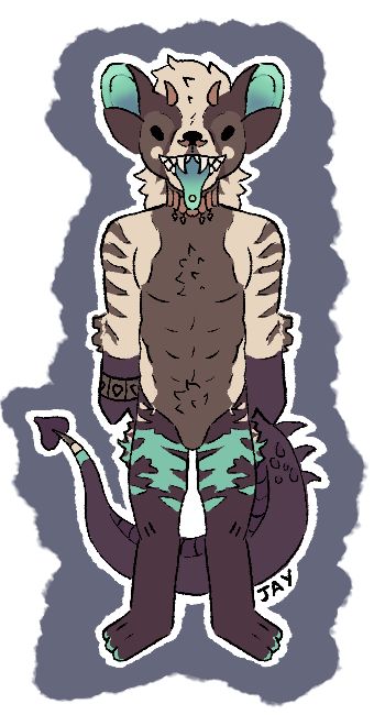 Art of RiceBatt’s oc patches - A humanoid hyena. Their pattern consists of various blues, browns and mahogany purple like colours. They have stripes on their arms and legs.  