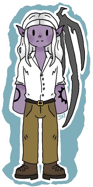 A dnd half-drow, half-fallen aasimar with purple skin and white long hair. He is wearing a slightly unbuttoned white t-shirt, light brown trousers and leather boots. He has two tattoos on his forearms, one of a moon and one of the sun. On his left side he has a single skeletal wing.