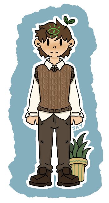 A guy with fluffy brown hair, atop is a little sprout. He is wearing a brown knitted vest on top of a white button up shirt that pokes out just below, a pair of darker brown trousers and some boots. Behind him is a plant. He also has a green glowing eye (reference to the Magnus archives) 