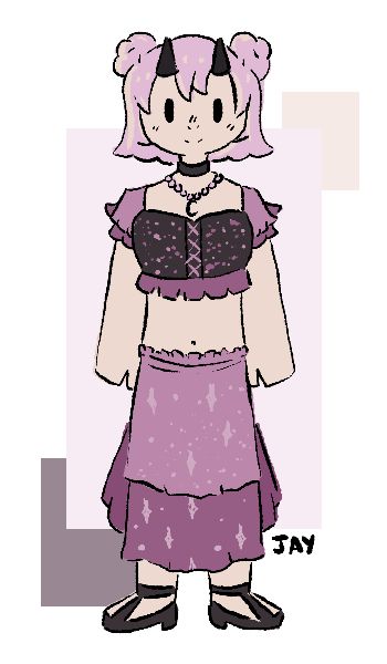 A demon with pink hair with two space buns. She has two small horns and is wearing a cropped top with pinky/purpley shoulder sleeves and a long sparkly skirt in the same colours.