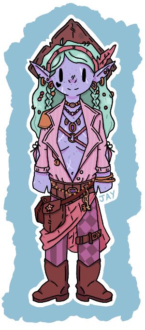 A water genasi with light purple skin and light mint hair. She is wearing lots of jewellery, belts and trinkets with an unbuttoned stripy shirt and patterned trousers with brown boots. There are scars across her body.