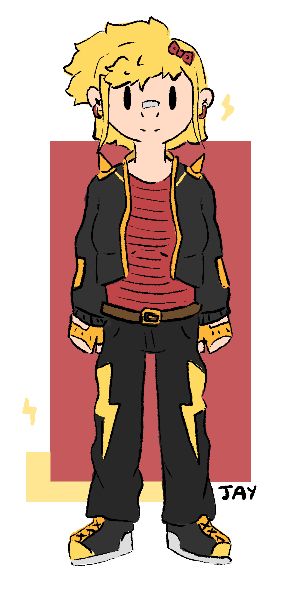 Art of NiraDevira’s character Joy. She has long yellow/blonde hair in a ponytail with a small red bow in. She is wearing black trousers, a black unzipped cropped hoodie and a red striped t-shirt. The trousers have lightning strikes upon and the hoodie has orange spikes on the shoulders.