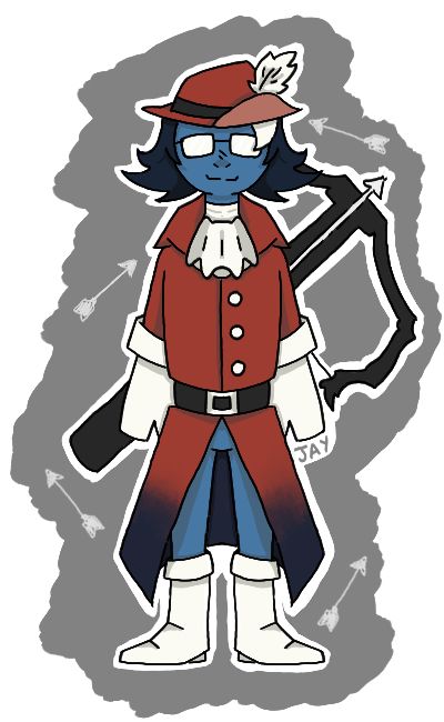 A blue person wearing a red overcoat and hat. On top of the hat is a feather, and their overcoat has a dark blue ombre at the bottom. They are always wearing white gloves, glasses and boots. Behind them are arrows and a crossbow.  