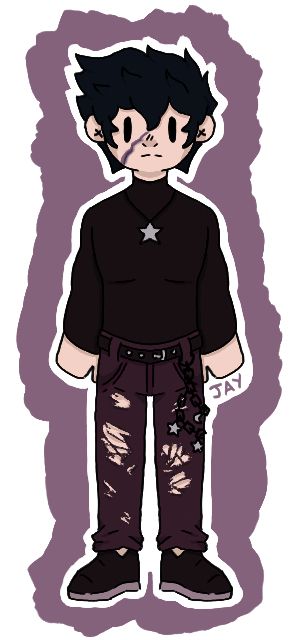 A guy wearing a back compression shirt, and burgundy ripped jeans. He has a necklace with a star at the end, and a chain on his trousers with stars and a moon. He has black hair and a scar that goes across the right side of his face.
