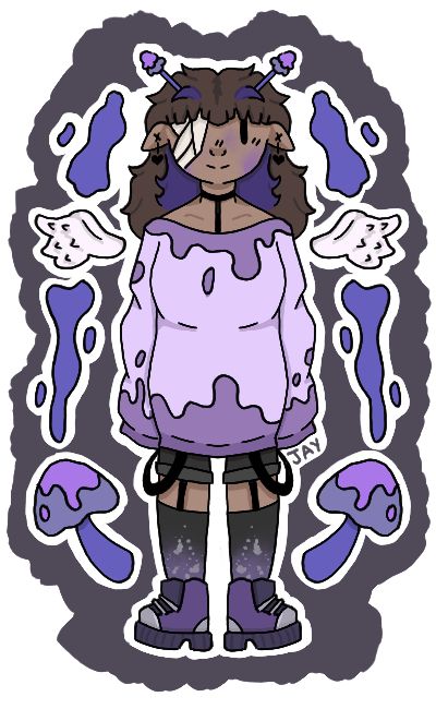 A person with brown and purple fluffy hair wearing a light pink jumper with purple drips upon it. They are wearing short black shorts, purple shoes and black and purple high socks. Around them in the background is a set of small wings, two mushrooms and some purple blobs. 