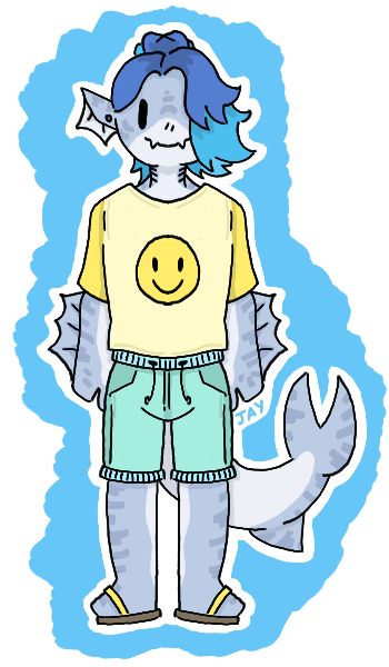 A tiger shark humanoid boy with a yellow smiley face shirt, a pair of yellow sandals and a teal blue pair of swim shorts. He has a piercing in his ear and has long hair that it put up partly into a ponytail. His hair is various shades of blue.