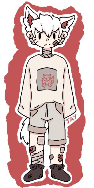 A cat boy with white hair, tail and cat ears. Inside the ears there is red fluff. His body is covered in bandages and plasters and he is wearing a tan sweater and light grey shorts. 