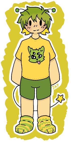 A half alien humanoid with. Yellow graphic tee and green shorts. They have green hair with yellow hair in the back. They have a tail with a star on the end and wears mismatched socks.