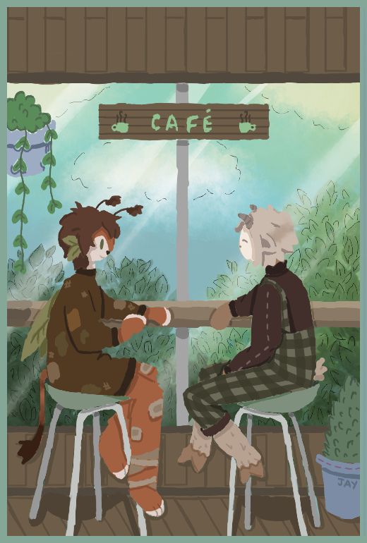 A cafe setting with a high table in front of a window onlooking a cloudy blue sky and a big bush. Within the cafe there is a plant up high and a plant down low. There are two humanoid creatures sitting, enjoying each others company. One has a fox like Bayern with leafy ears and wings - and is wearing a brown long patchwork like sweater. The other is more goat like in features and is wearing a brown plain jumper with green plaid overalls.