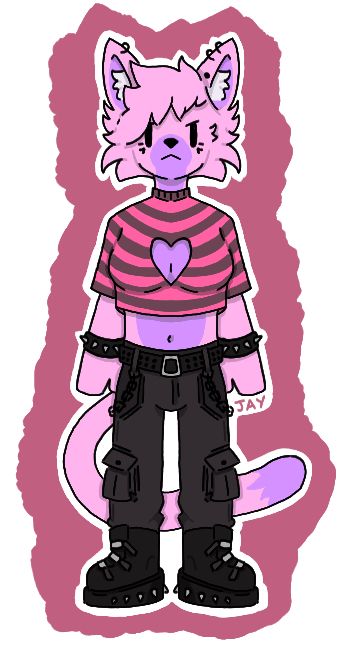A pink anthro cat with purple accents. She is wearing a pink and brown striped crop top with a heart shaped hole in the middle, dark grey cargo trousers, boots with spikes on the heel and two spiked bracelets.