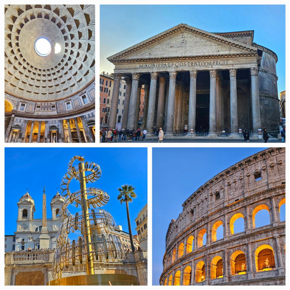 Rom: Pantheon Decke innen, Pantheon außen, Spanischen Treppe mit stilisiertem Weihnachtsbaum, Kolosseum mit Abendbeleuchtung