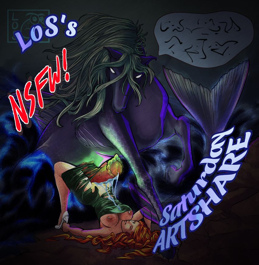 Luka wearing a tight sheath dress, about to be utterly destroyed (in a good way) by a massive Kelpie cock. Overlaid on top are the words "LoS's NSFW Saturday Artshare"