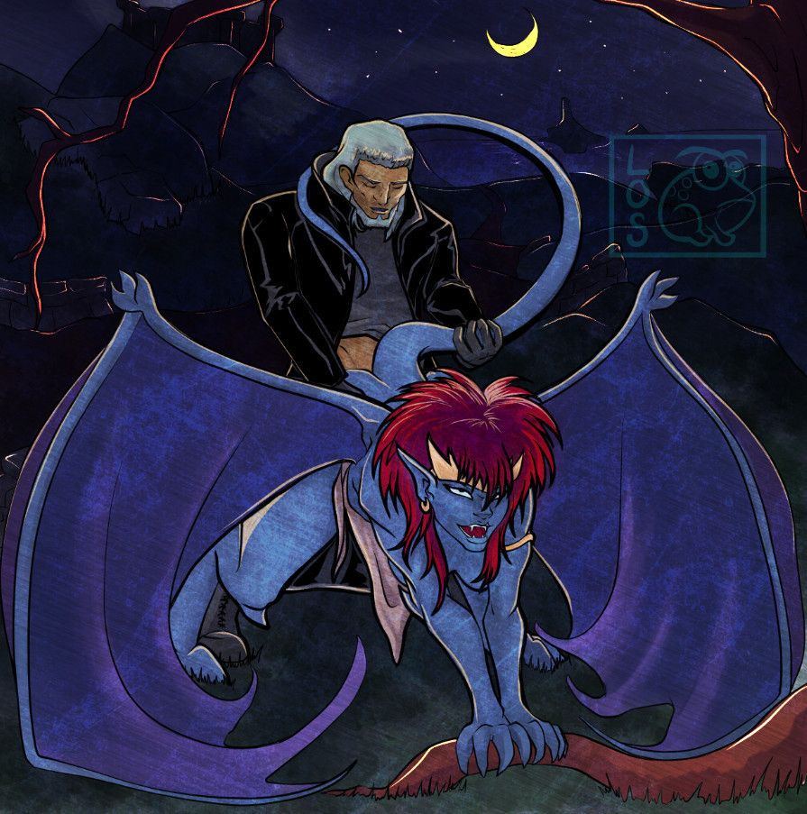 MacBeth and Demona from Gargoyles. MacBeth is bending Demona over in the middle of the Scottish highlands
