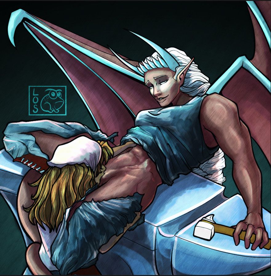 Astrath hadn't even started warming up the forge for the day when she felt a tap on the small of her back. She turned and gave a crooked grin at Kel, standing behind her. "What are you doing on this side of the workshop?" she began

The tearing sound interrupted her. "Again?" Astrath said with amused exasperation. Kel had used one of her many knives to slice through Astrath's trousers. They were open to the knees in a jagged line.

Kel shrugged, but the small self satisfied smile may as well have been a deep belly life. She pressed one small hand against Astrath's abdomen.

Astrath allowed herself to be pushed - they both knew Kel had no chance of moving her without her leave. Astrath's thighs bumped up against the anvil. Kel's hand slipped underneath Astrath's shirt while her other tugged at the torn remnants of her trousers.

"You're going to sew these-" Astrath started, but trailed off when Kel's tongue delved into her pussy without so much as a by-your-leave. Instead, Astrath huffed out a hard breath that hinted at a held-in moan. She stared down at her human lover.

Kel seemed to sense Astrath's gaze and looked up to lock eyes with the demon. She never stopped moving her mouth over Astrath's clit.

The eye contact is what did her in. Astrath;s hips rolled involuntarily with Kel's ministrations. Her breathing quickened and she relaxed against the anvil. "Your eyes..." Astrath murmured, "Your eyes are so beautiful."

LoSDraws
LoSDrawsMonsterfuckery