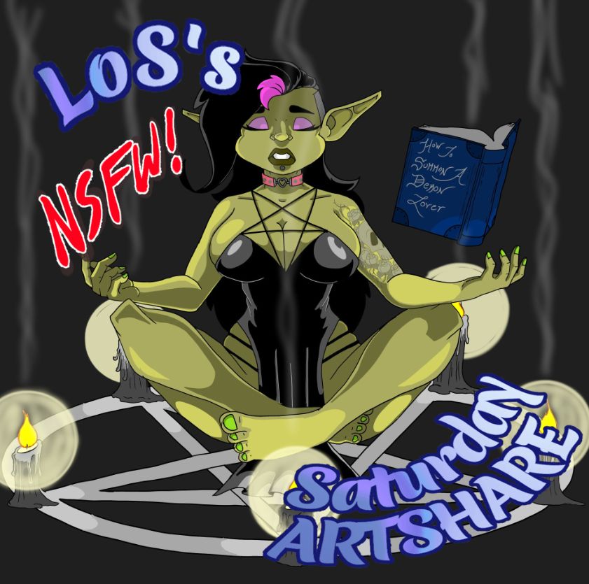 Qwyra summons a demon boyfriend. Overlaid on top are the words "LoS's NSFW Saturday Artshare"