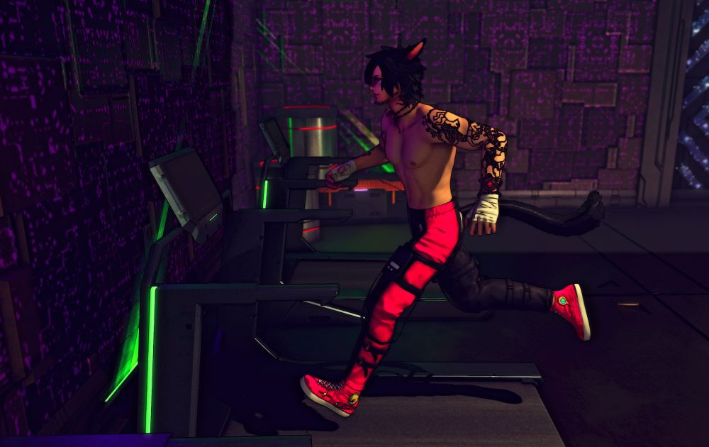 Gpose of Arkin in gym clothes, running on a treadmill in S9. 