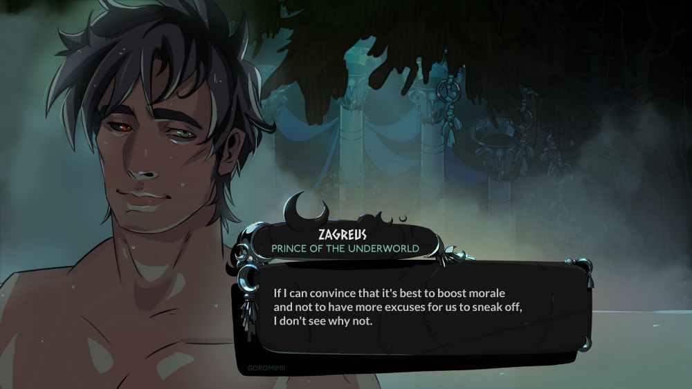 Zagreus sprite in the style of Hades 2 game during the hotsprings scene
text box quotes: If I can convince that it's best to boost morale and not to have more excuses for us to sneak off, I don't see why not.