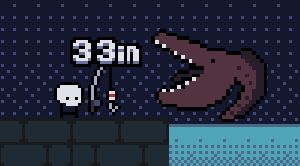 a snippet of the same scene from before, but this time the skeleton has caught a large brown fish thing with a big goofy grin. it appears to be 33 inches in length according to some text in the image.