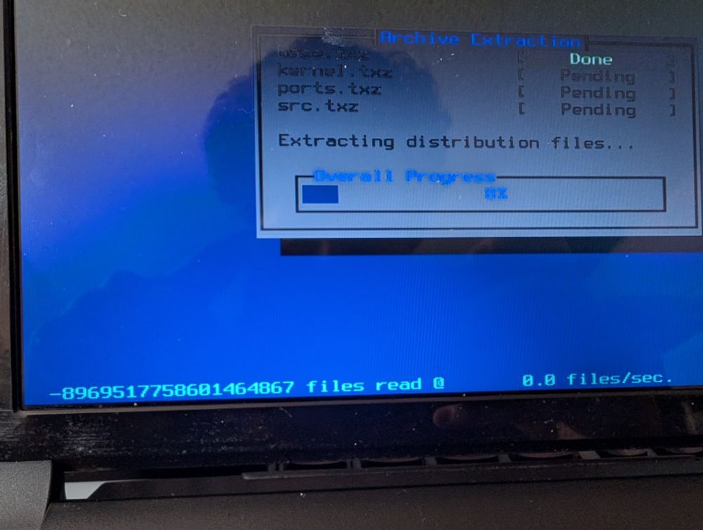FreeBSD installation, archive extraction

Status text at the bottom reads "-8969517758601464867 files read @ 0.0 files/sec."

The installation appears to be going fine, amusingly.