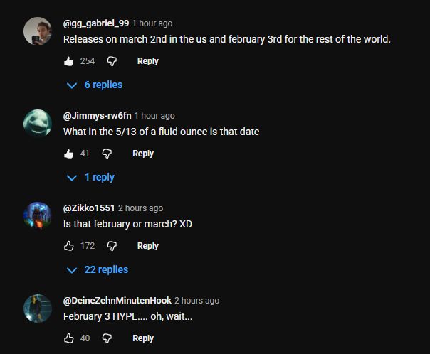 A series of youtube comments roasting the "3.2.26" format of the #WorldOfWarcraft Midnight release date, including: "Releases on March 2nd in the US and February 3rd for the rest of the world," "What in the 5/13 of a fluid ounce is that date?" "Is that february or march? XD" and "February 3 HYPE.... oh, wait..." 