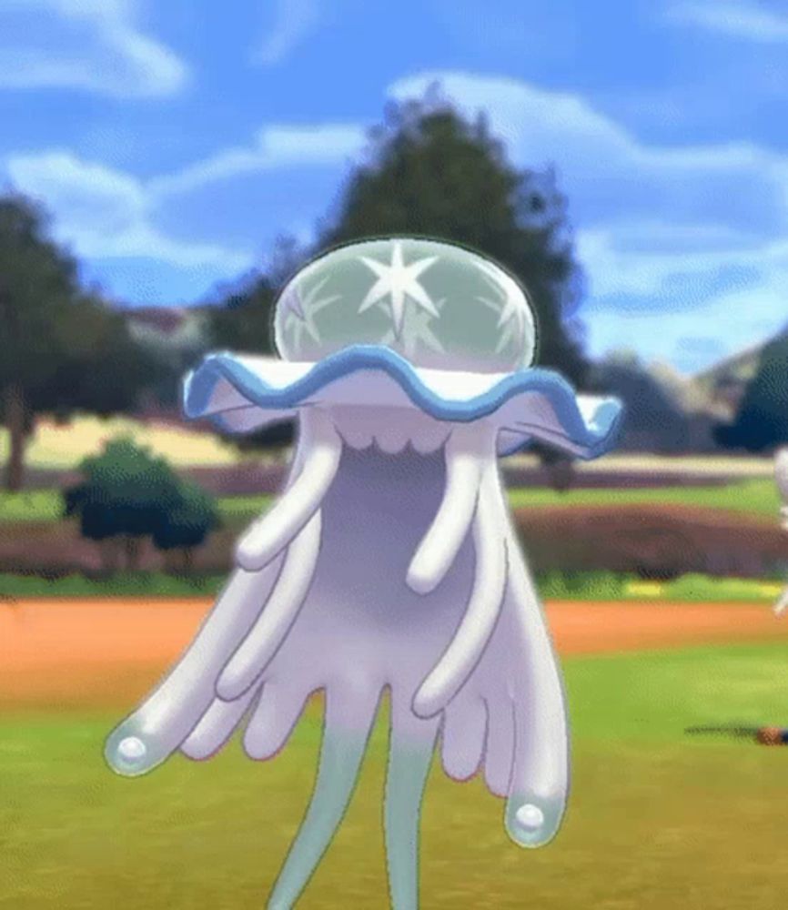 a cartoon jellyfish with a star on its head is standing on a field in a video game .