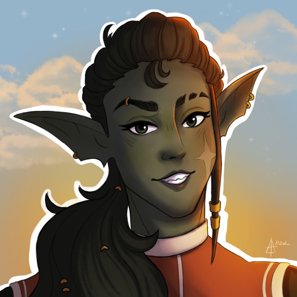Digital portrait drawing of a young sea-elf with green skin and dark green hair in a ponytail. They're smiling at the viewer. T
In the background is a sunset sky.