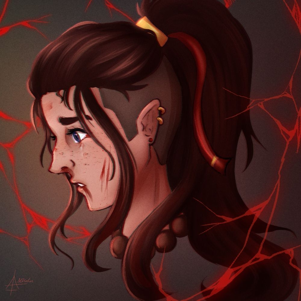 Digital portrait drawing of Sera, a young human-looking woman with long brown her that is tied into a hight ponytail; it's a bit messy tho. There's blood on her face and tears are welling up in her eyes. She looks devastated.
