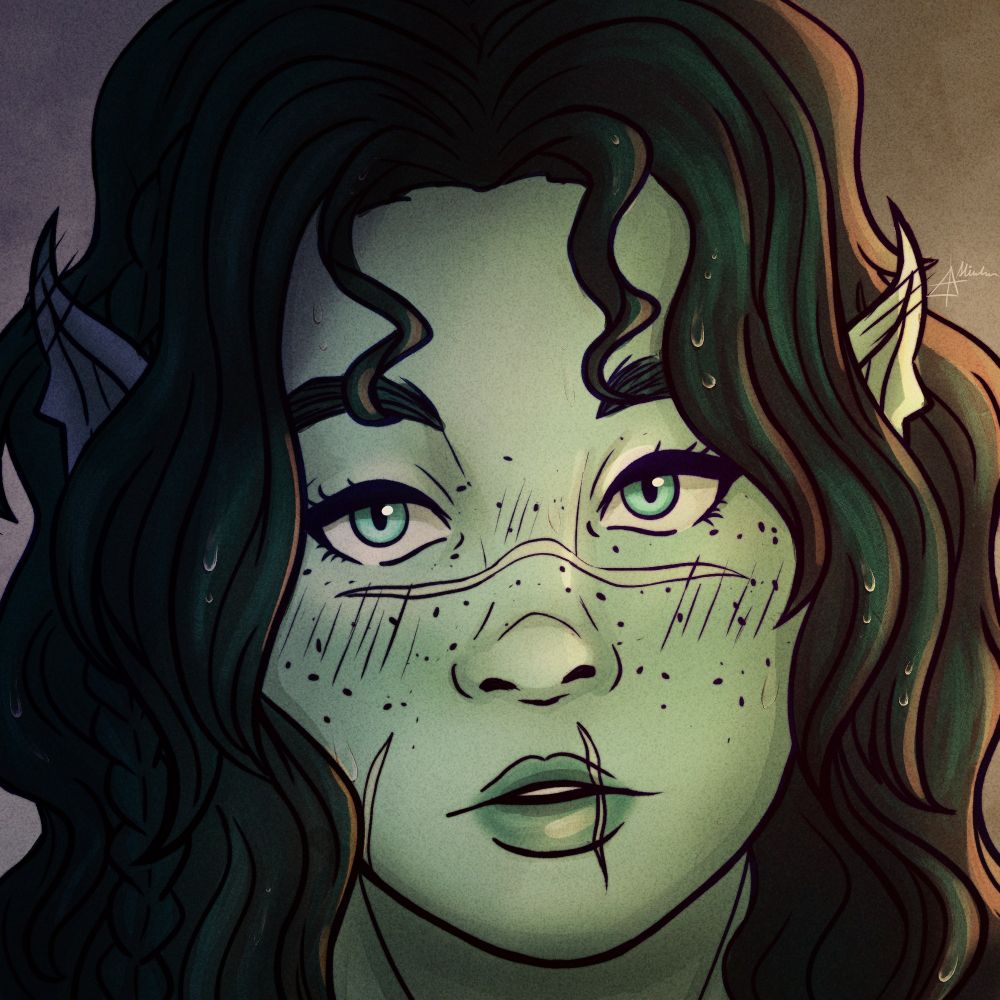 Digitally drawn portrait of a young female Water Genasi. She has light green skin and dark green wavy hair. Her eyes are a bright turquoise.