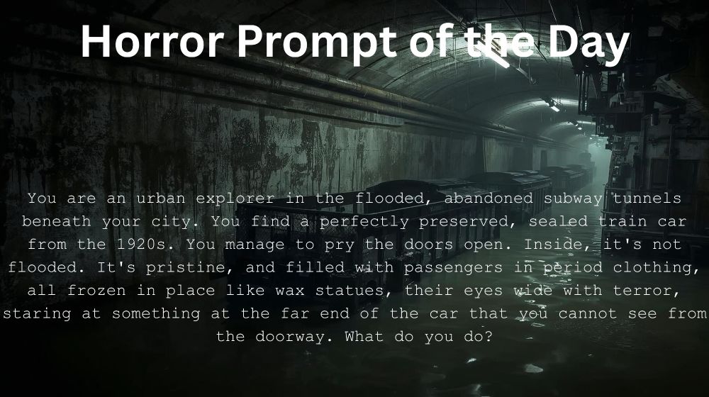 "A dark, atmospheric underground tunnel or subway station with arched concrete ceiling and deteriorating walls. Water reflects on the floor, creating a flooded, abandoned appearance. Dramatic lighting creates shadows and highlights the industrial architecture. Overlaid white text reads 'Horror Prompt of the Day' at the top, followed by a horror scenario about an urban explorer discovering a preserved 1920s train car in flooded subway tunnels, filled with frozen passengers in period clothing who are all staring in terror at something unseen at the far end of the car, ending with 'What do you do?'"