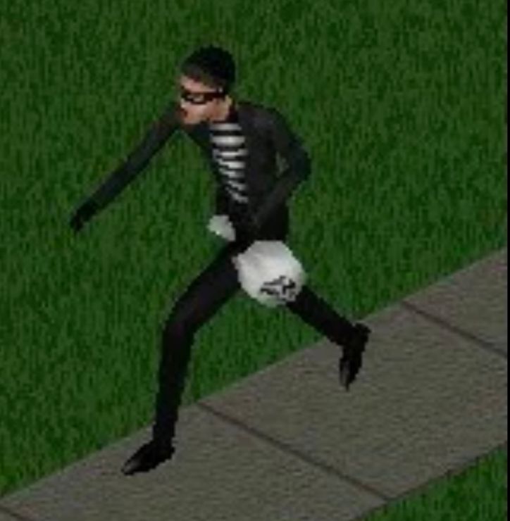 The burglar from sims 1 sneaking away on the sidewalk 