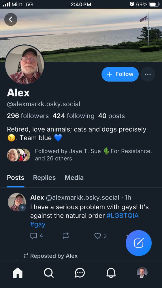 Screenshot of Profile for “Alex”(@alexmarkk.badly.social). Claims “Team Blue.” 

Top post reads: “I have a serious problem with gays! It’s against the natural order.”