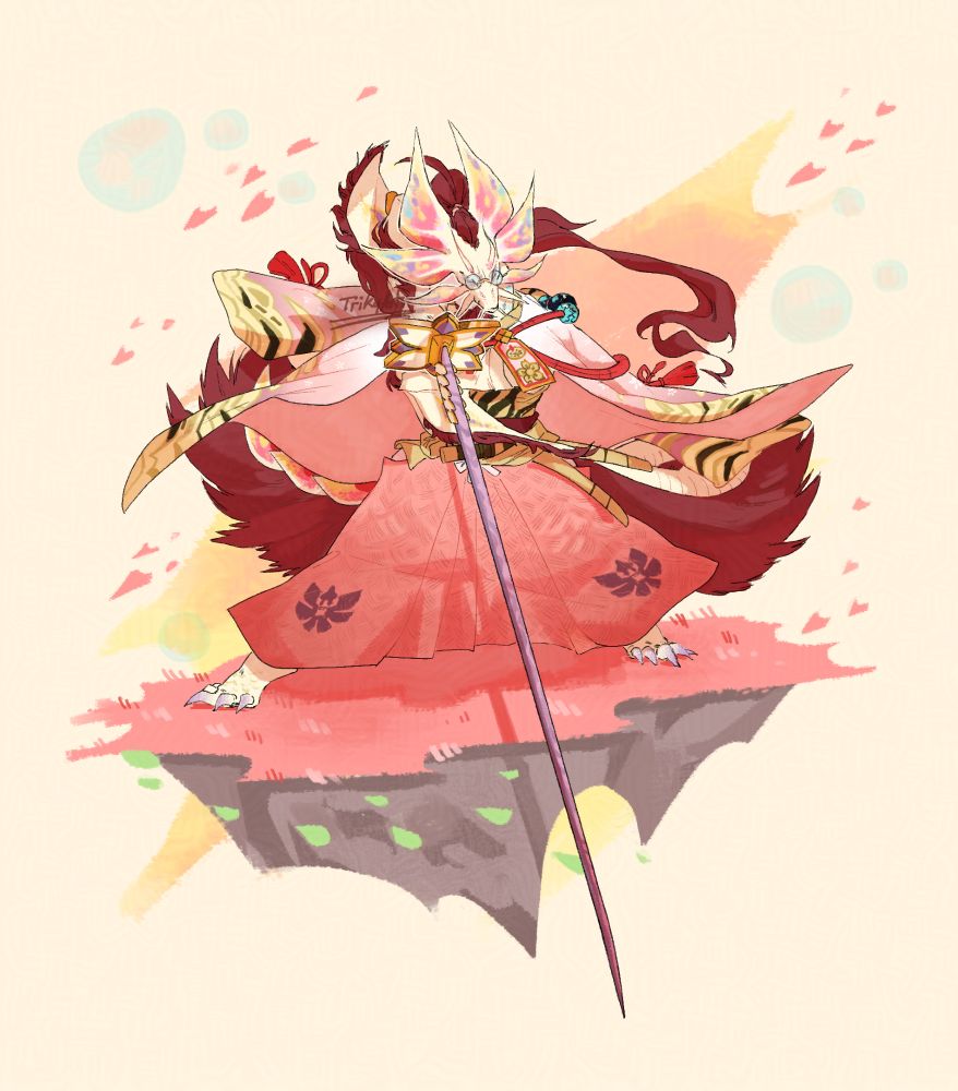 a humanoid version of mizutsune, a monster from monster hunter, its wearing some parts of the armor that a hunter would get if the monster was hunted and some of the bloom wilds event cosmetics

he is standing on floating rock, with a generally minimalistic background, he is holding a longsword, ready to fight

he also has a long pony tail that is the same color as his tail fur, a purple-ish red, wine red some might say