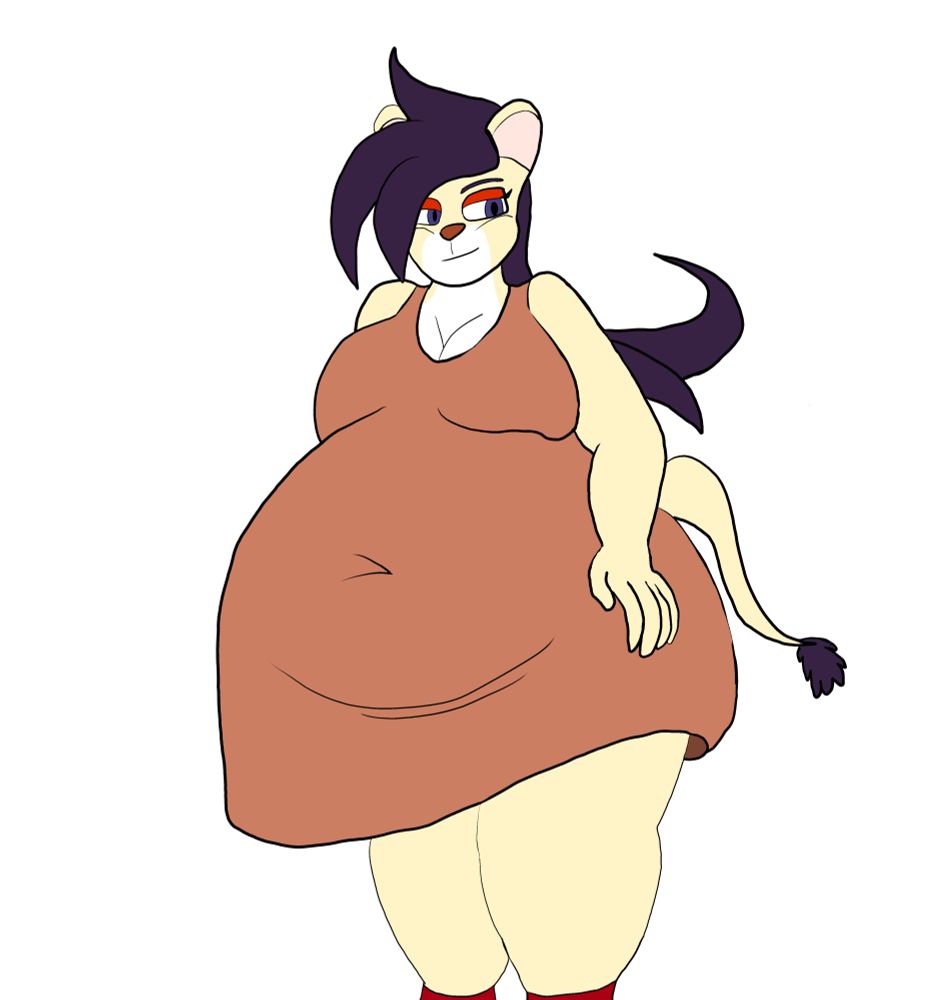 A very chubby anthro lioness wearing a brownish dress, with very dark purple hair. 