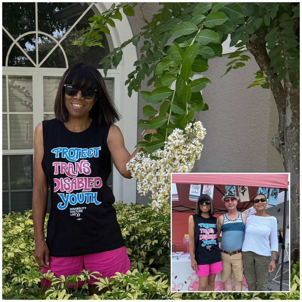 Photo within a Photo: I am standing next to the white blossoms of my crepe myrtle tree, wearing sunglasses and a black tank top that reads "Protect Trans Disabled Youth." In the smaller photo, I am wearing the same tank double and standing with my favorite farmer's market vendor and my sister, all of us smiling and wearing sunglasses.