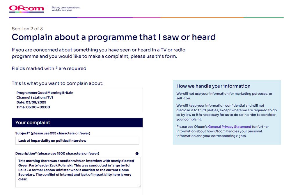 Screenshot of an Ofcom complaint around the lack of impartiality of Good Morning Britain having Ed Balls interview Zack Polanski.