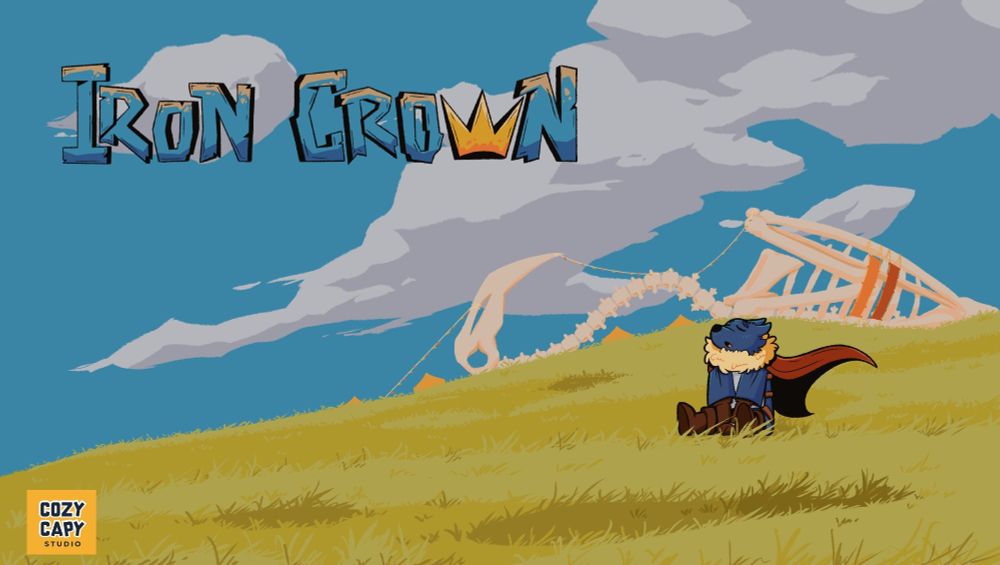 Ilustración de un lobo con capa y cara de cansado, está sentado en un prado. En el fondo, hay un esqueleto bastante enorme. El título del videojuego es Iron Crown y la w tiene forma de corona.