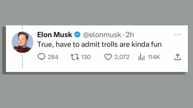 A tweet from Elon Musk: "True, have to admit trolls are kinda fun".