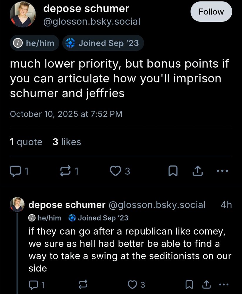 depose schumer @glosson.bsky.social

Follow

he/him

Joined Sep '23

much lower priority, but bonus points if you can articulate how you'll imprison schumer and jeffries

October 10, 2025 at 7:52 PM

1 quote

3

likes

3

4h

depose schumer @glosson.bsky.social he/him Joined Sep '23

if they can go after a republican like comey, we sure as hell had better be able to find a way to take a swing at the seditionists on our

side

n

3

A