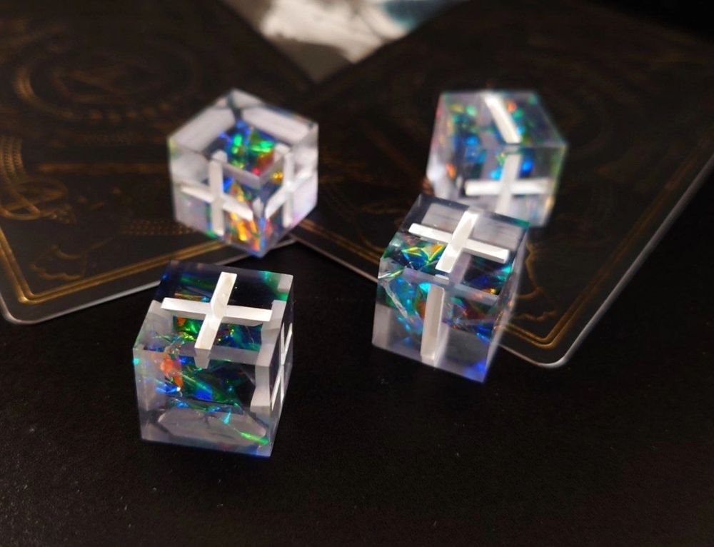 transparent fate or fudge dice with holographic film