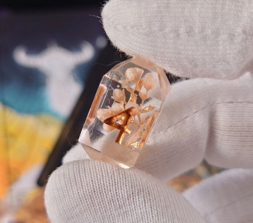 a hand holding a four-sided die with white flowers inside