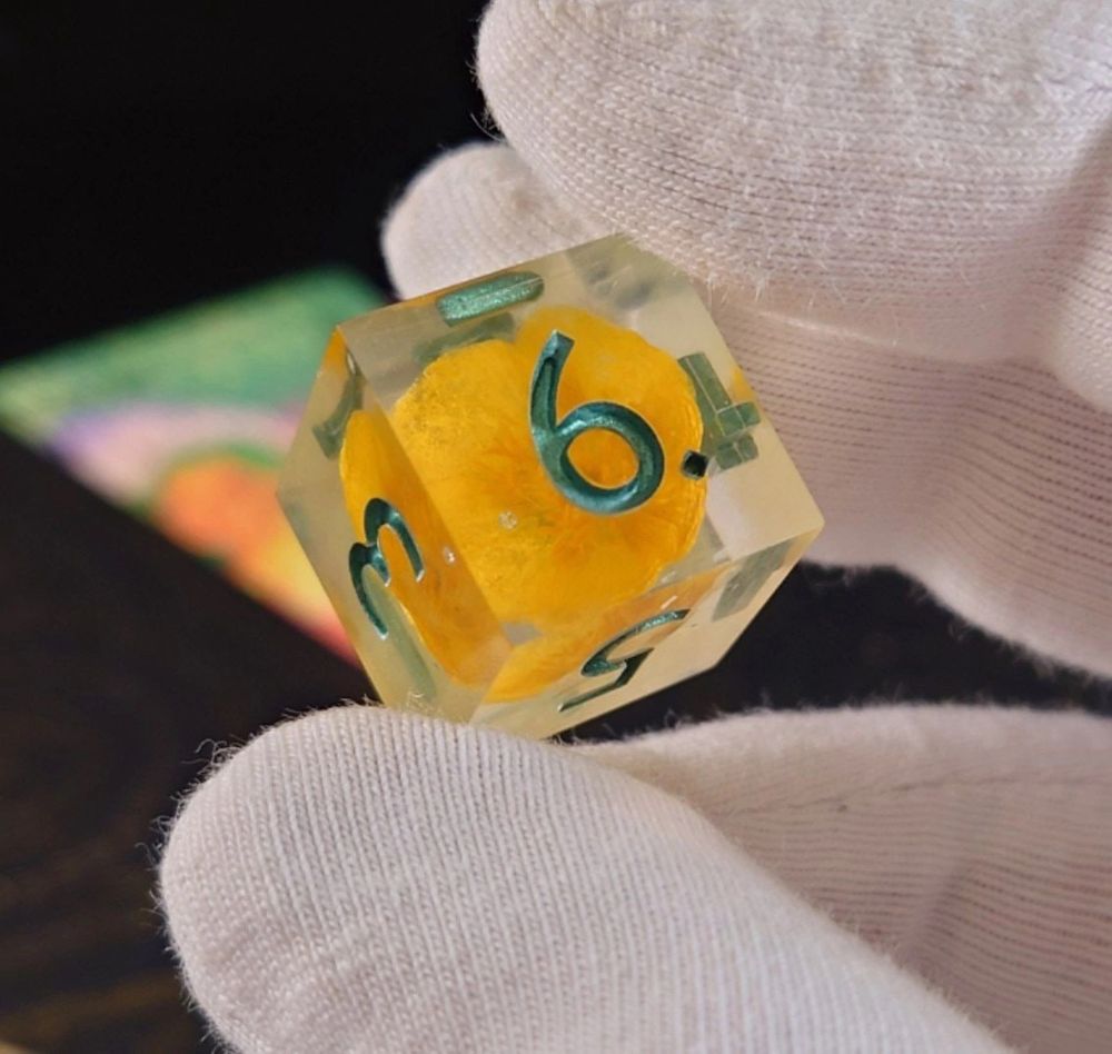 a a transparent six-sided die with a yellow buttercup and green numbers