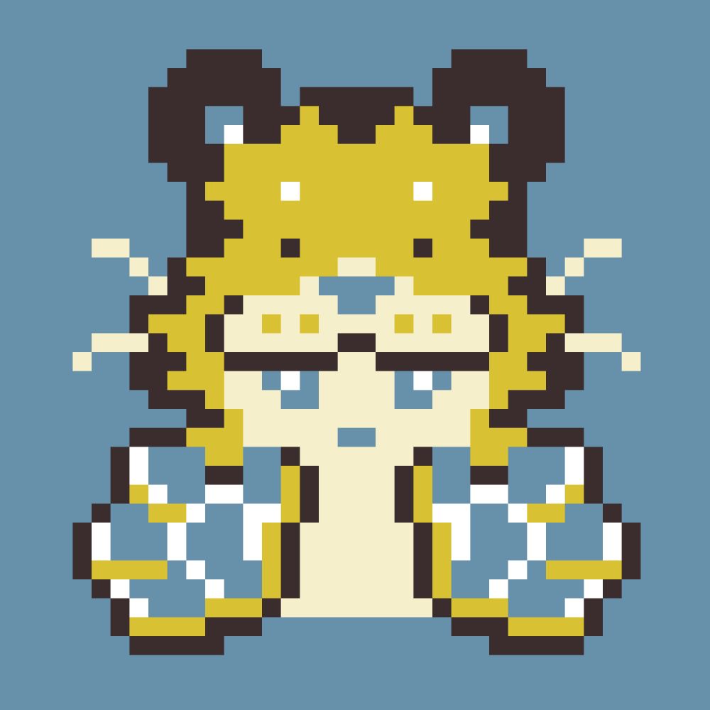 pixel drawing of a tiger holding out its front paws. maybe asking for a hug? colors used are brown, yellow-orange, cream, and teal.