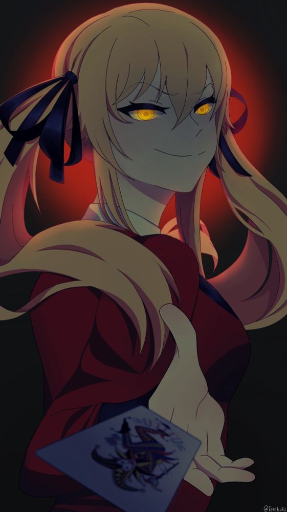 É um desenho da personagem "Mary Saotome" do anime "Kakegurui", ela está com o corpo parcialmente virado de costas, jogando uma carta em direção à tela enquanto olha para frente com os seus olhos brilhando.