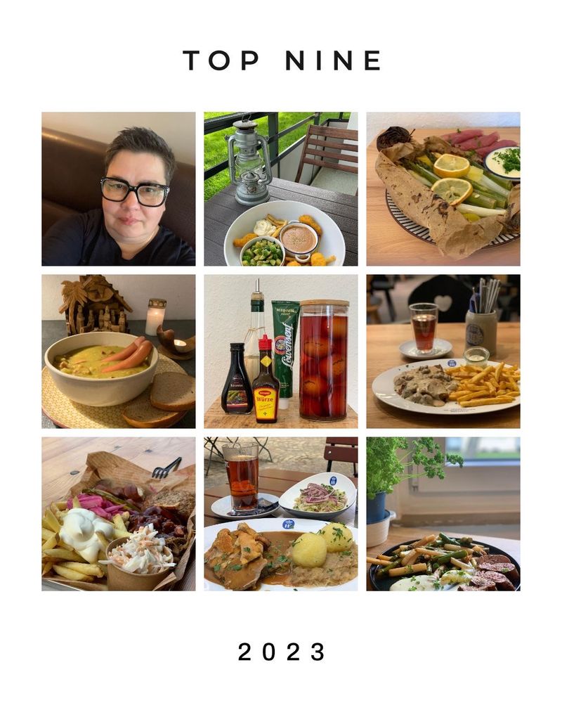 Fotocollage der Top Nine Fotos von Instagram mit den meisten Likes: Selfie mit Brille - Vegichicken mit Gurkensalat und Pommes - Spargelpäckchen mit Schinken und Aioli - Erbsensuppe - Soleier - Krustenbraten mit Champignonrahm und Pommes, auswärts - Schlachterplatte von Dönninghaus, auswärts - Krustenbraten mit Knödeln und Kraut, auswärts - gebratener Spargel mit rosa Schweinelende und Aioli.