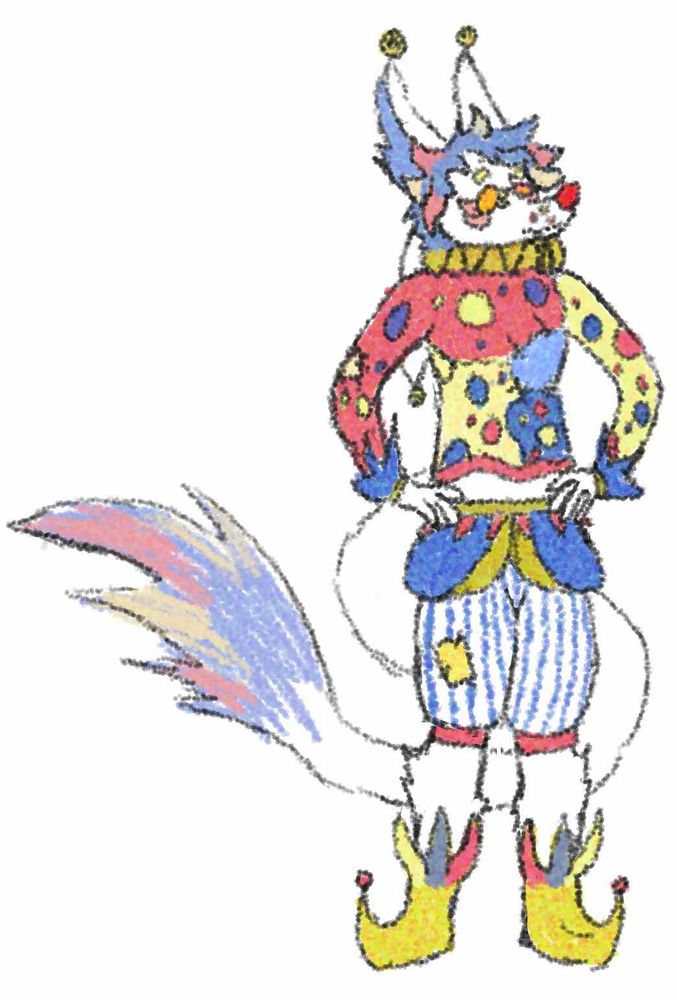 Panko, a white dog jester who’s incredibly chaotic.