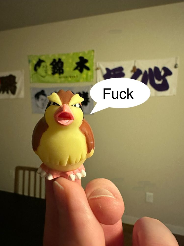 Angry looking Pidgey finger puppet with a speech bubble that says “Fuck”