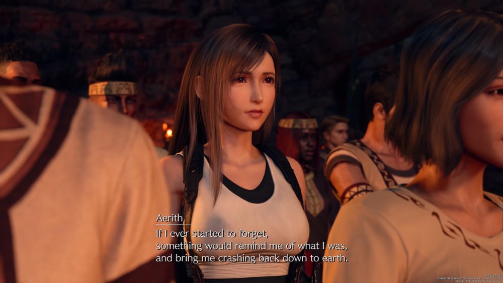 Final Fantasy 7 Rebirth screenshot showing Tifa with dialogue from Aerith displayed 
“Aerith
If I ever started to forget, something would remind me of what I was, and bring me crashing back down to earth.”