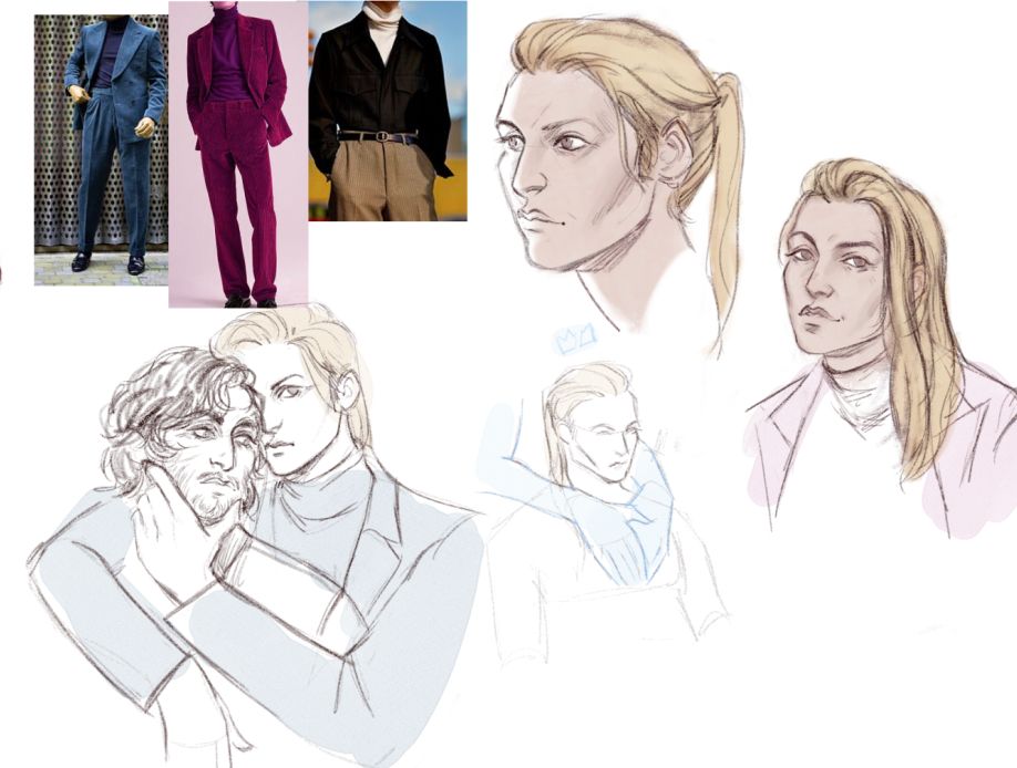 a couple sketches showing Matteo - a boyishly handsome tall man with long blonde hair.